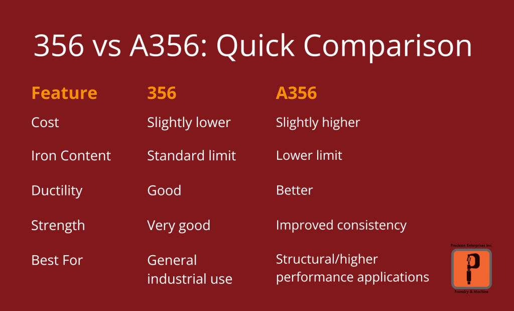356 vs A356 Differences Quick Comparison Chart.
